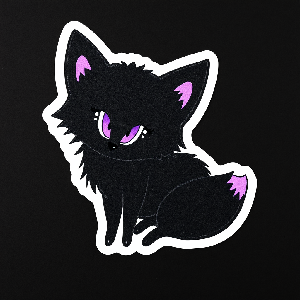 A sticker of a pen hand drawn black fox with purple eyes and tail tip. Simple black background