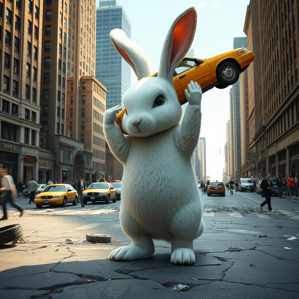 surreal image of a gigantic white rabbit standing in the middle of a city street, holding a yellow taxi cab above its head with ease. The rabbit is soft and fluffy, with fine details in its fur and a calm expression, contrasting the chaos around it. The city scene features tall buildings, shattered cars, debris, and cracks in the road as if a massive event has just occurred. People in the background are reacting with shock, some running while others are frozen in disbelief. The lighting is natural, with daylight illuminating the scene, casting realistic shadows from the buildings and the rabbit. The taxi's details, such as its wheels and windows, are sharply defined. The overall tone is both whimsical and chaotic, blending realism with fantasy. Ultra-detailed, trending on ArtStation, hyper-realism, with cinematic lighting and dynamic action.