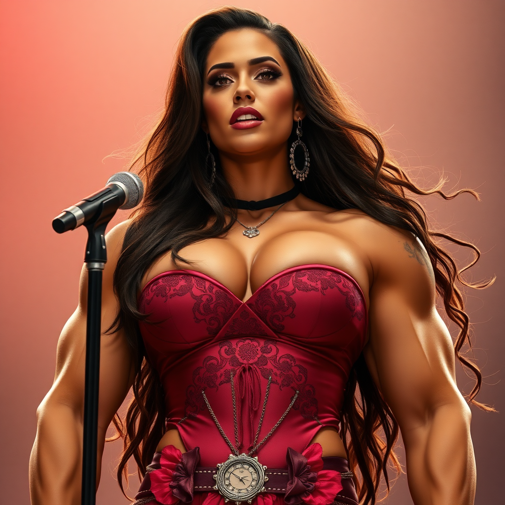 huge massive strong muscular bodybuilder girl, strapless dress, rock singer