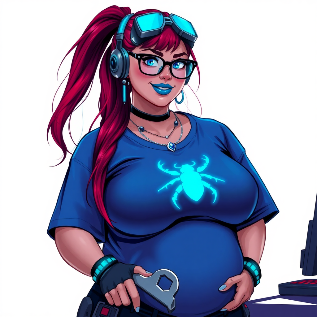 A cyberpunk vigilante’s full-figured intelligent and tech-savvy 29-year-old girlfriend, who is a computer hacker and tech genius. She has a long ruby red ponytail streaked with sky blue. She wears maximum blue lipstick, blue eyes, a sapphire beetle gemstone necklace, sapphire earrings, black eyeglasses, futuristic holographic computer bracelets, and an oversized maximum blue t-shirt featuring a neon blue glowing beetle chest icon. She has a full-figured physique with a prominent, round, gargantuan midsection, reflecting her well-cared-for lifestyle. She sports a sapphire headset with a hi-tech maximum turquoise lensed HUD, and a blissful smile with a neon red blush. She serves as his tech expert from his hideout, diligently working at her lab table and computer desk. She holds a futuristic wrench. The background is solid white. She is drawn as if she was in a retro 2D cyberpunk fighting game.