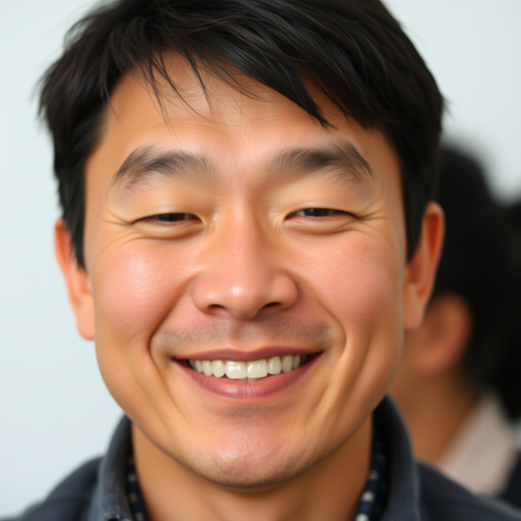 a photo of the face of a 38-year-old man, asian, closed-mouth smile