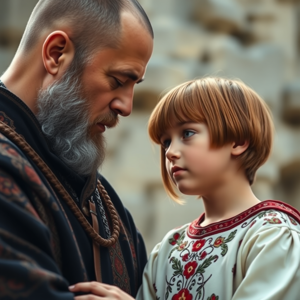 16yo teen boy, long bob cut, closely together with tall slightly bearded short-haired father, looking at each other, the boy is looking up from below, embroidered medieval cloths, ultra high resolution, 16K,