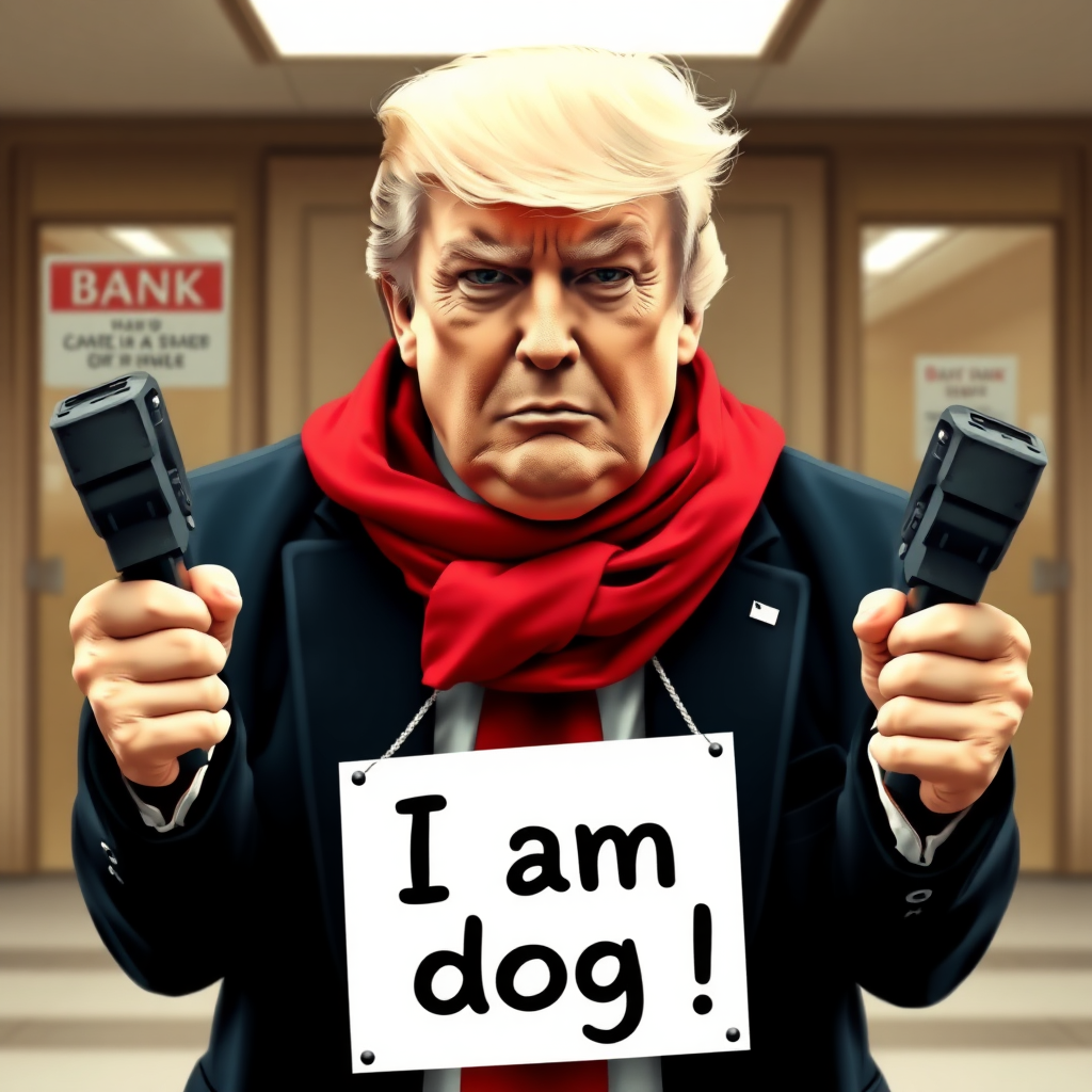 Donald Trump robbing a bank, holding a sign with "I am dog" on his chest in both hands.