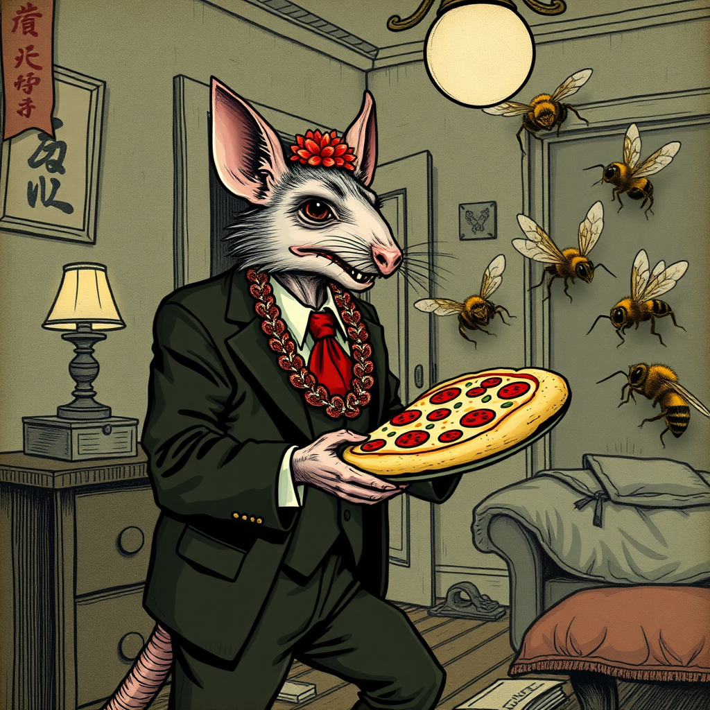 A well dressed handsome rat demon delivering Hawaiian pizza to angry bees in a decayed apartment, Chinese woodcut, Mormon