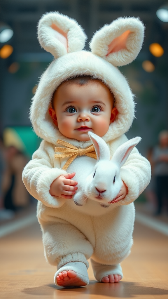 A cute small chubby fair baby with big eyes, pink lips, and pink cheeks, wearing a furry cozy white rabbit costume, doing a ramp walk in a fashion show while holding a real big white rabbit in their hands, cinematic.