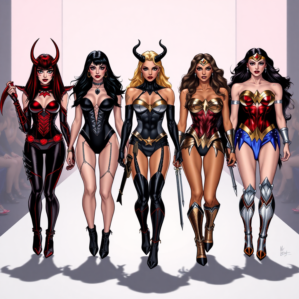 Witchblade, Vampirella, Dejah Thoris and Wonder Woman facing the viewer on a fashion runway