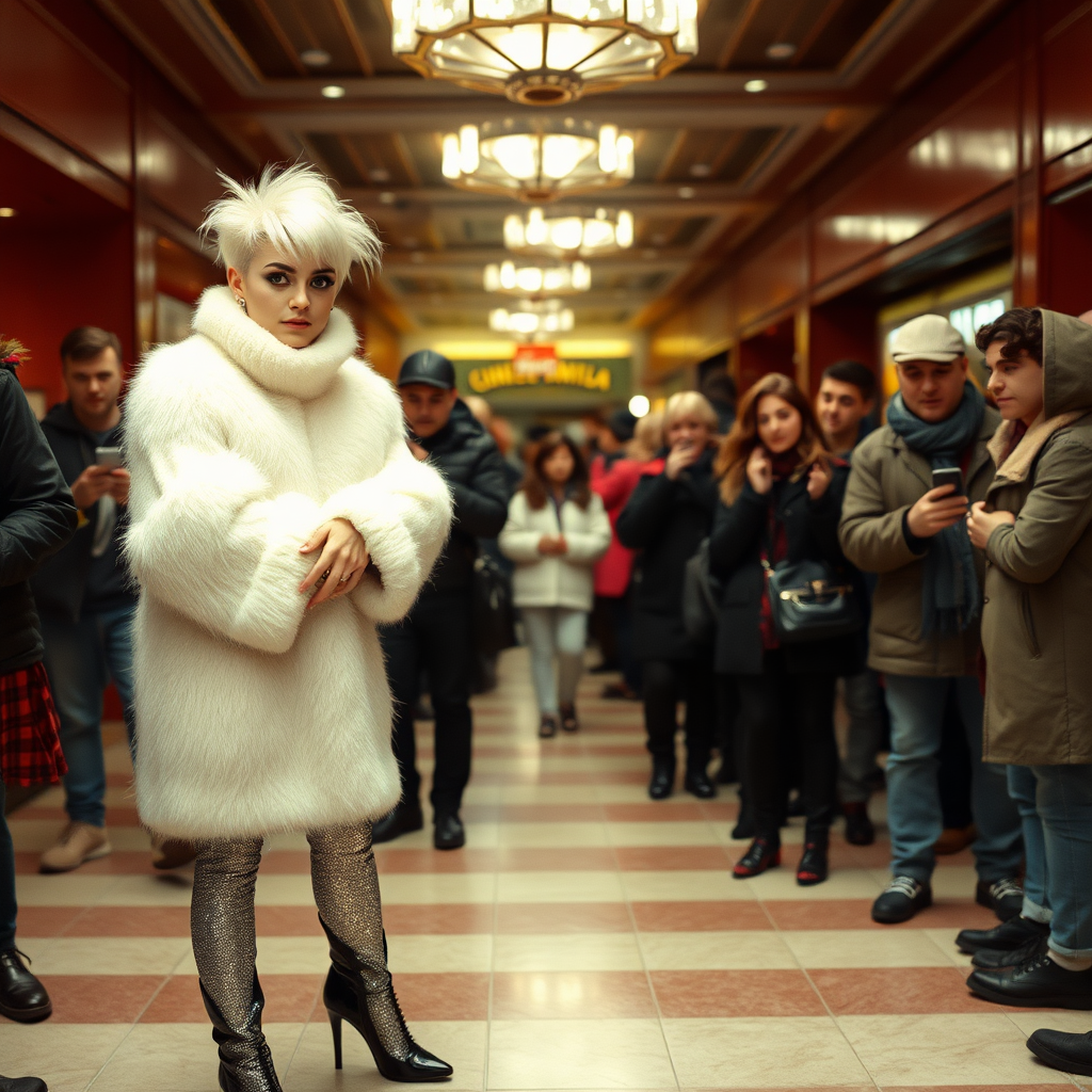 1990 winter evening, crowded cinema lobby: Sam, 19 years old beautiful involuntary femboy, rebellious intractable character, petite boyish figure, platinum blond boyish rebel punk hairstyle, flawless heavily made-up face with sharp arched tattooed eyebrows, wearing Supertanya-style fluffy very fuzzy bright white angora thigh-length turtleneck-poncho fully covering body and arms, silver-glitter leggings, black leather high-heeled pumps, silver earrings, puzzled alarmed, pout serious, impatiently waiting for her master. Other visitors watching laughing taking pictures. Full view of scene.