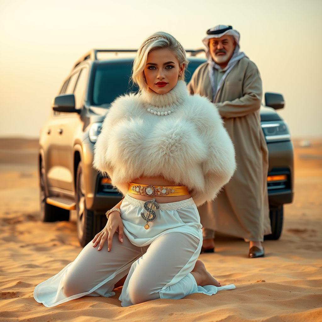 Kuwait desert dunes misty dawn, full size luxury SUV: Melissa, European 17 years old very convincing femboy “trophy-bimbo,” tamed servile docile, very beautiful feminine flawless face, rather short, by hormones very curvaceous womanly figured, platinum blond short tight curls, bold red lips, heavily made-up face, wearing Supertanya-style fluffy very fuzzy bright white angora turtleneck-poncho cropped ending under bust decorated with pearls and gemstones, striking oriental wide gold bridal protection belt, white fully transparent harem pants, full Oriental bridal jewelry including headpiece, nose-ring, coin anklets, striking diamond “$$$” letter brooch on left chest, pout frustrated, hands tied behind back, kneeling in sand in front of SUV, looking at camera. Focus on face and turtleneck-poncho. Standing behind Melissa: older overweight tall proud sheik, approvingly padding Melissa.