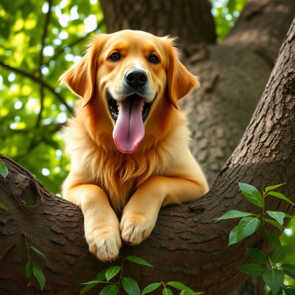 (A golden retriever dog) sitting on a thick tree branch, with its front paws resting on the bark and its tongue hanging out in a playful expression, surrounded by lush green leaves.