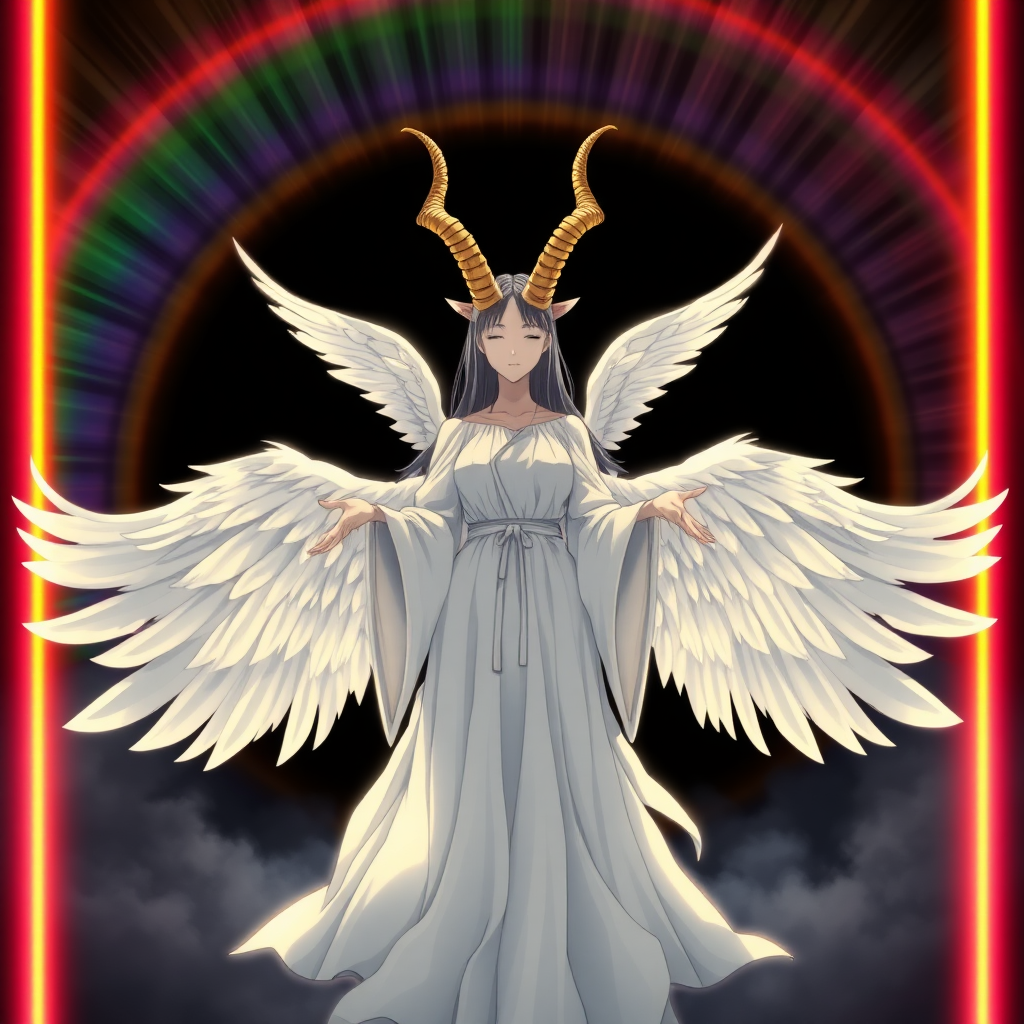 (Anime-styled art) Set against a black backdrop, a radiant, rainbow-like barrier shimmers with vibrant colors. At its center stands a plain faceless (No face faceless), powerful, godlike woman with a very unsettling yet angelic presence. Two golden 3 goat-like horns curve from her head, adding to her eerie aura. Four massive angelic wings extend from her back, their feathers glowing softly. She wears flowing white robes that ripple with divine energy, and her outstretched hands seem to command an otherworldly force. Both mesmerizing and terrifying, her ethereal form exudes a balance of beauty and dread.