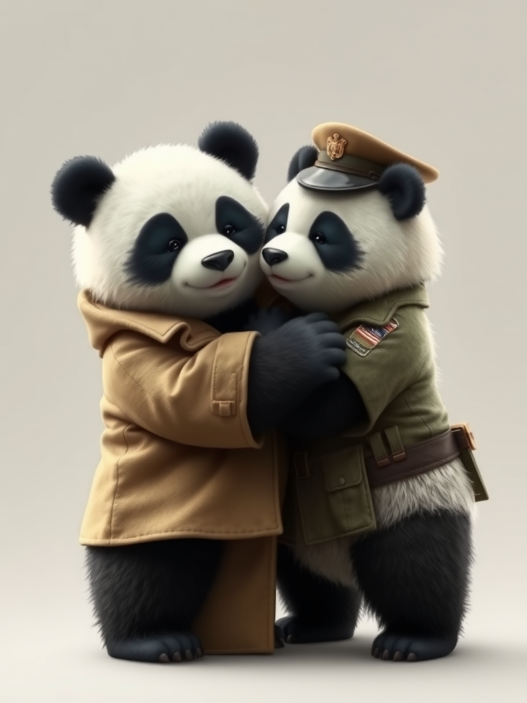 A picture of two panda bears hugging. One is wearing a trenchcoat and the other is wearing a military uniform.