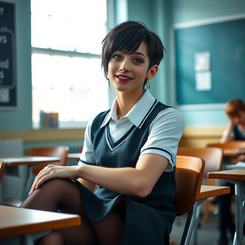 photorealistic, ultra high resolution, 16K, surreal fantasy, soft studio lighting, a pretty 17 year old goth male, slim male physique, short dark hair, blue eyes, goth makeup, earrings, sheer pantyhose, UK girls-school uniform, Mary-Jane shoes, sitting in the classroom, excited smile, facing the camera.