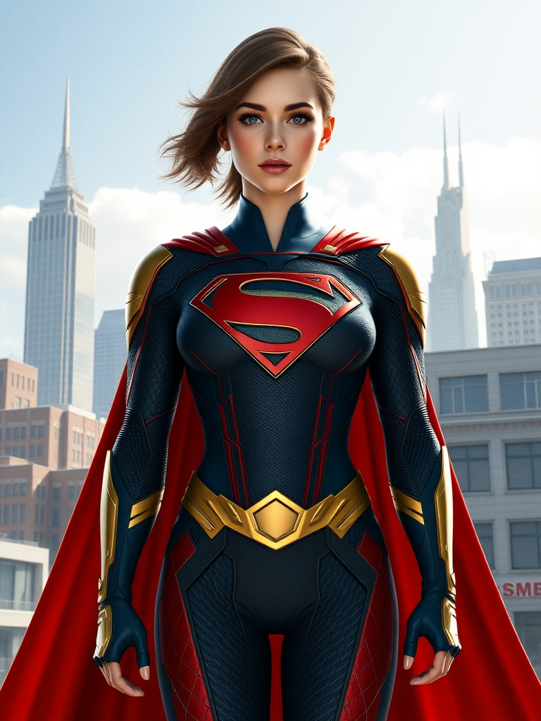 Create a full-length rendered image of Superman, using the female figure of Ochaco Uraraka as the base for the body. Maintain Superman's iconic head, including the signature hairstyle and facial features. Merge Superman's classic costume with unique embellishments derived from Ochaco Uraraka's hero suit, adapting and modifying the attire to suit new feminine proportions. The costume should blend elements such as color schemes and patterns from both characters, resulting in a harmonious design. Develop the background by integrating elements from Superman's Metropolis skyline and Ochaco Uraraka's training facility, combining architectural styles and thematic features to create a unique, immersive scene that reflects both universes.