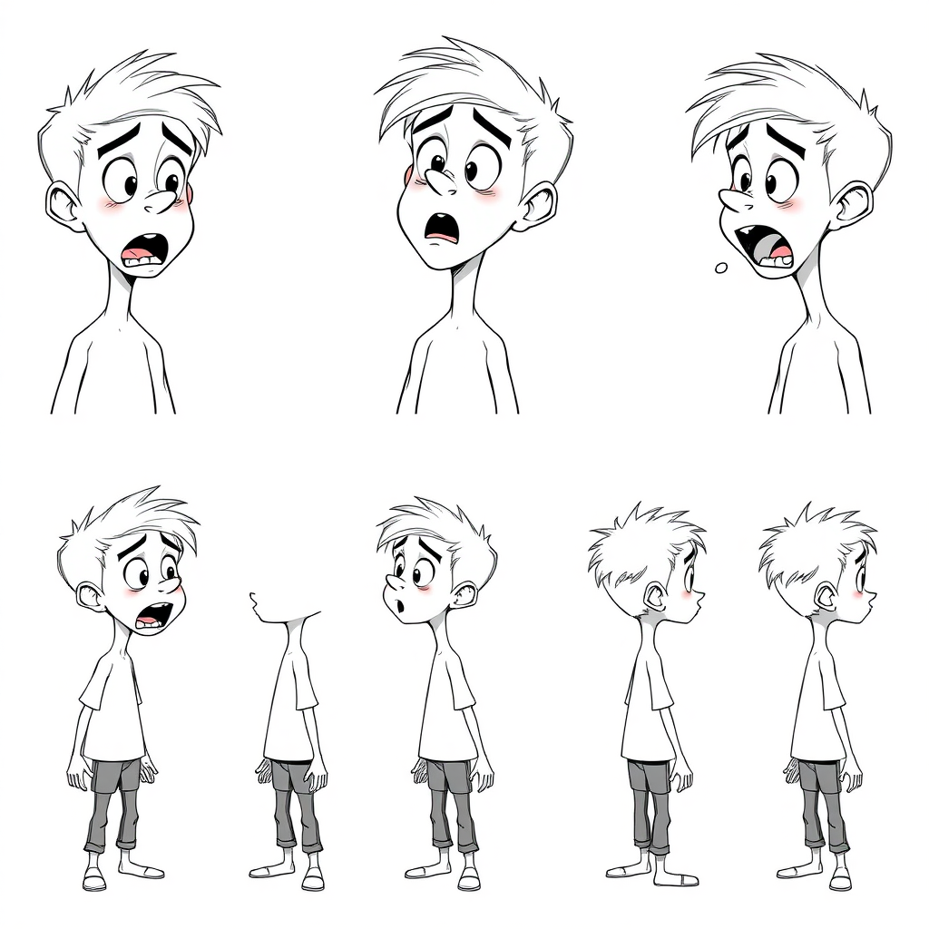 multiple views with progression, character design sheet, short, shy, amazed, open mouth, 15 year old european skinny boy, drooling, detailed features, long establishing shot, 2D, caricature, cartoon, Sketch lines, coloring book, coloring book style on white background, well composed, clean coloring book page, No dither, no gradient, strong outline, No fill, No solids, vector illustration, side view, vector illustration, empty space around each view, movement lines