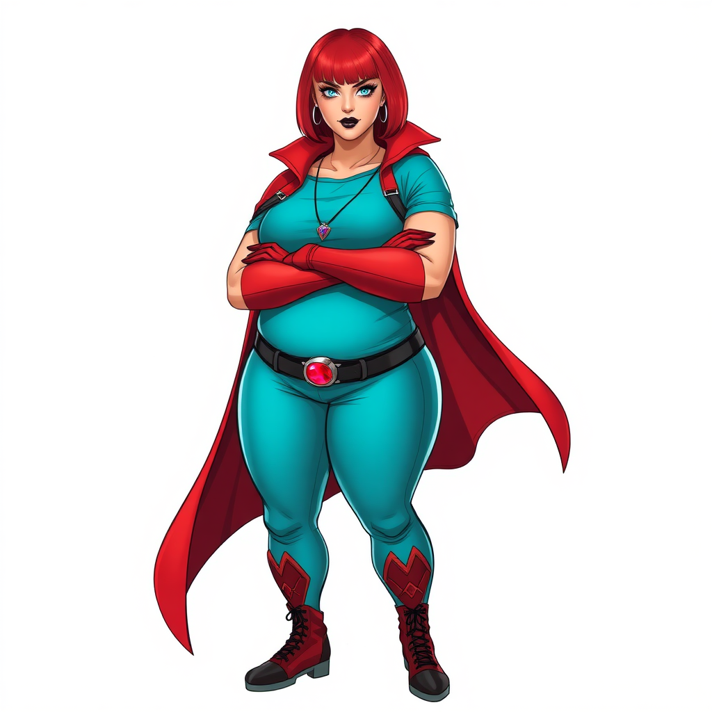 A 26-year-old, full-figured, magical girl vigilante detective becomes the heavily pampered mystical ally of her cyberpunk vigilante older brother figure. She has a bright red bob cut, black lipstick, and piercing bright blue eyes. She has a new non-athletic build, now highlighted by a prominent, round, gargantuan midsection (fully focused on her gargantuan belly), which shows the aftermath of her new pampered lifestyle. Despite her pampered physique, she shows full confidence. She wears a magical girl detective costume consisting of a gargantuan, magical, tight-fitting, maximum turquoise t-shirt (accentuating and emphasizing her gargantuan belly), maximum turquoise biker pants, complemented by a glowing neon red cape, a mystical ruby amulet (which is the source of her mystical powers), and magical red gloves glowing neon red. Her magical girl detective costume covers all her skin and emphasizes her full-figured physique (especially her gargantuan belly). Her stance is firm and resolute, arms crossed, exuding a no-nonsense attitude. Her costume reflects the influence of DC New 52 Prime Earth’s Phantom Lady, Jennifer Knight, while her pose embodies the moral ambiguity and determination reminiscent of DC’s Pax Americana’s The Question. She is on a solid white background. She is drawn as if she was in a retro 2D cyberpunk fighting game. She is clearly non-athletic, with a focus on her full-figured physique (especially her gargantuan belly). Make sure that her t-shirt covers all of her bare skin (especially her gargantuan belly).