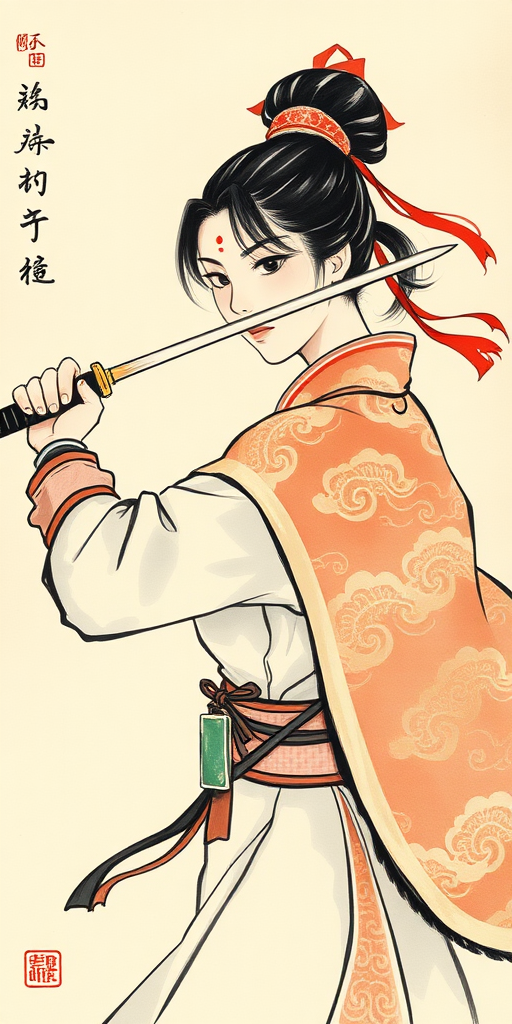 A Chinese woman, Ming Dynasty, secret service agent, Brocade-clad Guard, Imperial Guard, wearing traditional cape cloak behind, auspicious clouds pattern on the cape, with stand up collar, red hair ribbon, red bindi on the forehead, sword launcher skill, uppercut slash, raising slash toward the top, fighting, ink wash painting, sumi-e, rectangle jade waist pendant worn at the waist, background in parchment paper,