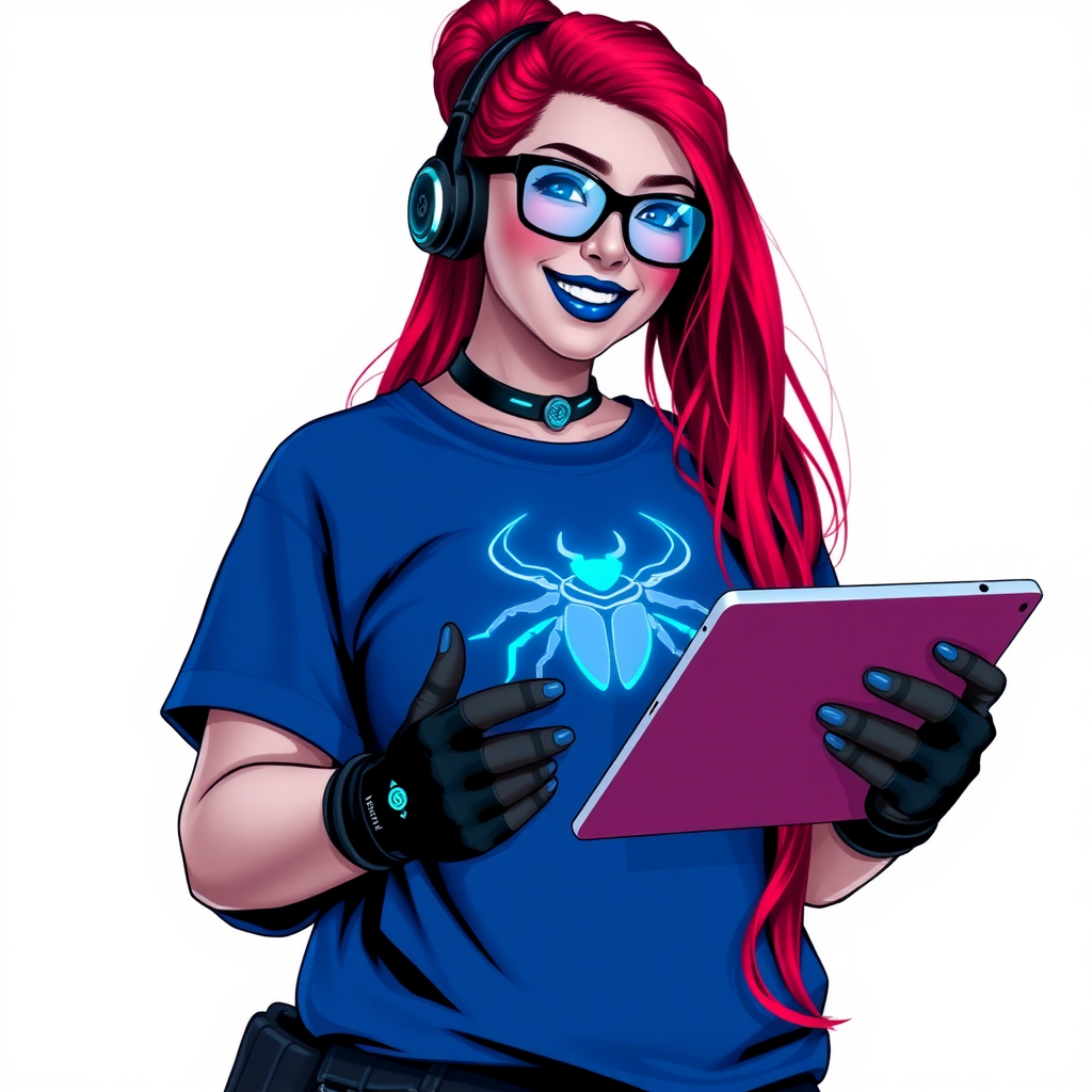 An intelligent and tech-savvy 29-year-old computer hacker and tech genius. She has a long ruby red ponytail. She wears maximum blue lipstick, blue eyes, a sapphire beetle gemstone necklace, sapphire earrings, black eyeglasses, hi-tech power gloves, and an oversized maximum blue t-shirt featuring a neon blue glowing beetle chest icon. She has a gargantuan full-figured physique with a prominent round gargantuan midsection, reflecting her well-cared-for lifestyle. She sports a sapphire headset with a hi-tech maximum turquoise lensed HUD, and a beaming smile accentuated by a passionate neon red blush. She serves as his tech expert from his hideout, holding a futuristic tool wrench and a futuristic digital tablet. The background is solid white. She is drawn as if she was in a retro 2D cyberpunk fighting game.