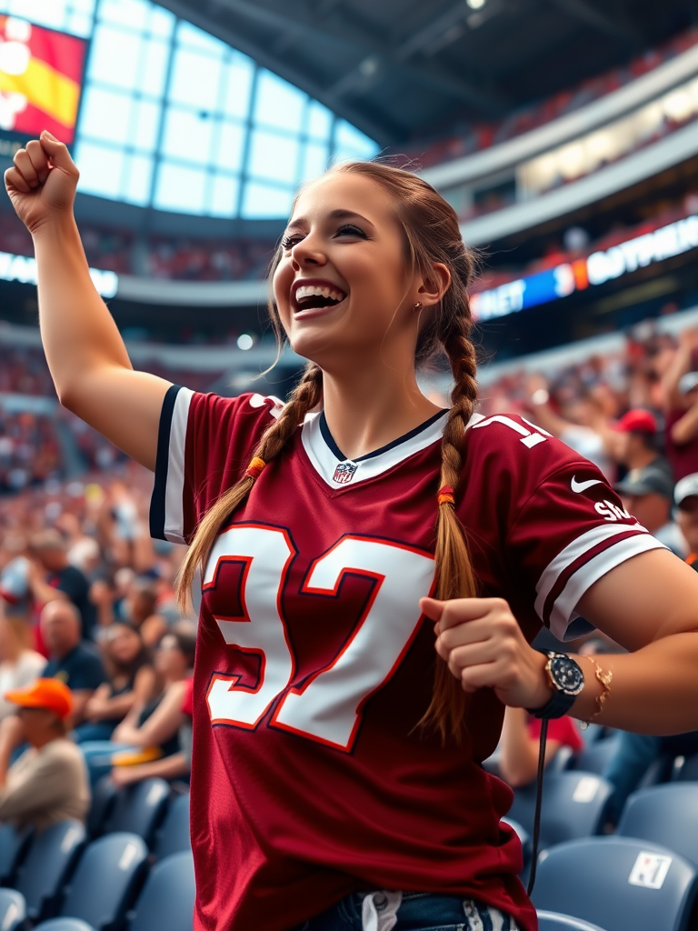 Attractive female NFL fan, pigtail hair, jersey, large chest, reacting to a victory, inside crowded stadium bleachers