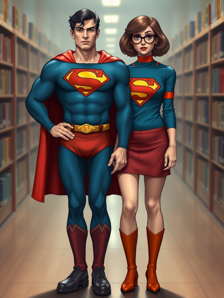 Generate a full-length image of a character: Superman with the body attributes of Velma Dinkley (same height, frame, and shape). Incorporate embellishments and elements from Velma's costume, such as her orange turtleneck, red skirt, and black-rimmed glasses. Superman's iconic elements should also be present, like the "S" symbol and cape. The background should reflect an appropriate setting for both characters, such as a library or crime scene with a touch of a superhero environment.