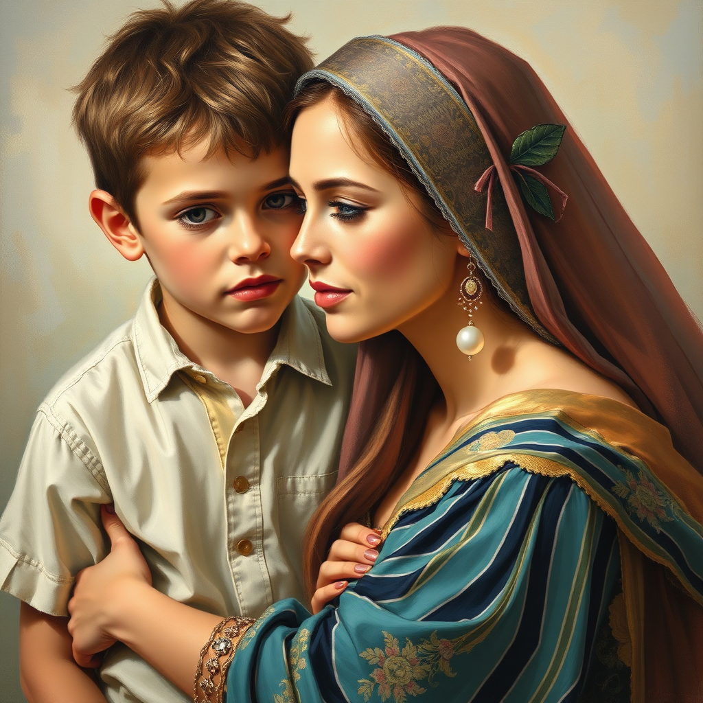 A beautiful painting of a boy and woman.