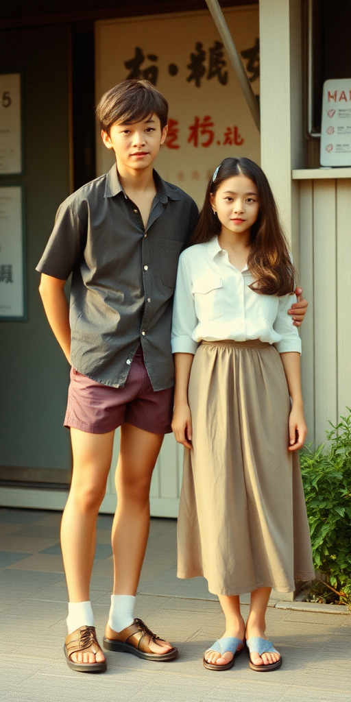 Vintage photo, 1980s. Hot summer. Japan. Tall 14yo teen boy wearing shirts, tight booty shorts, long legs, bare thighs. With a girl wearing shirt, long skirt. Full length view.