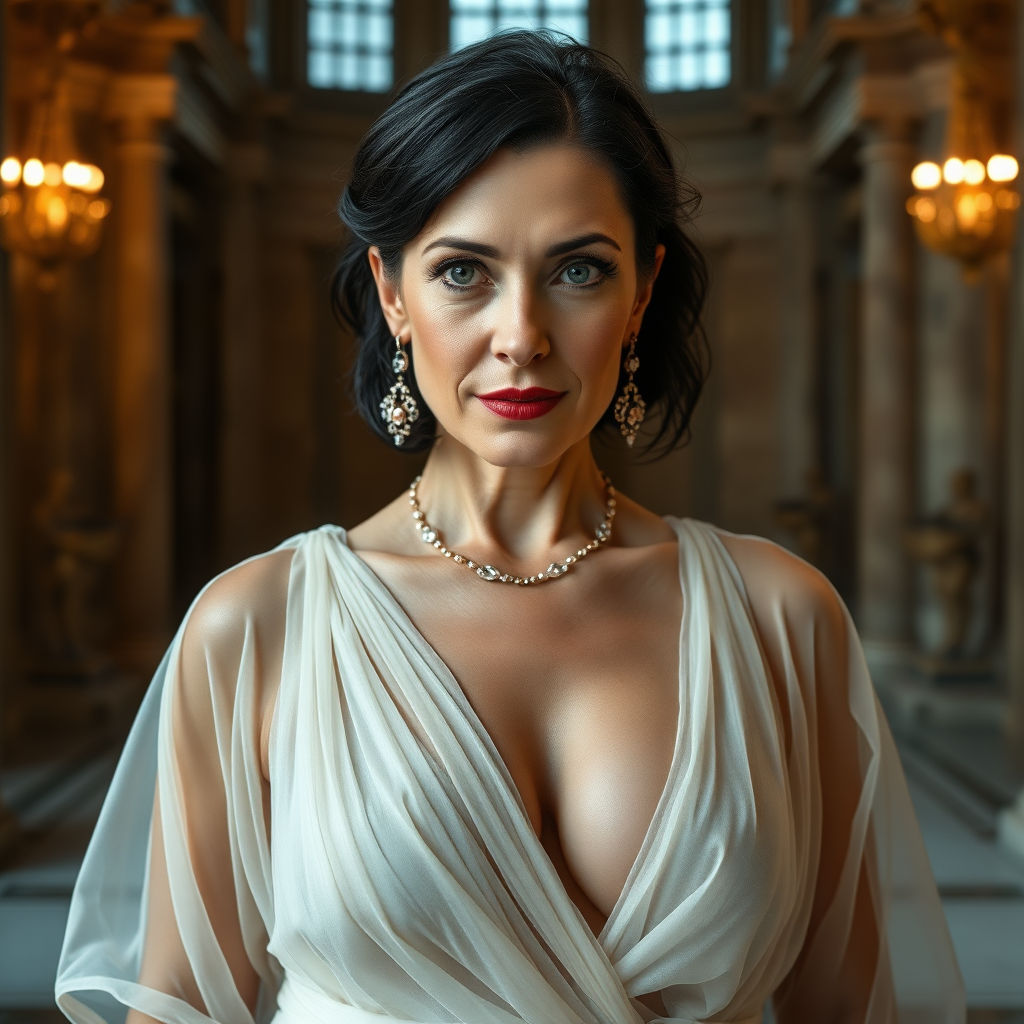 The female nude queen, aged 40, possesses pale skin, striking grey eyes, and elegantly black Grecian hair. Her visage features smooth wrinkles, suggesting a mature yet alluring beauty. Her eyes exude a sensual aura, and her lips are slightly parted, inviting curiosity. Dressed in a translucent, thin layer, white, very low-cut sheer Roman garment, she flaunts a voluptuous huge breast with pronounced areola and nipple clearly visible beneath the fabric. Adorned with sparkling earrings and a necklace, her figure is reminiscent of a MILF, exuding a captivating appeal. The grandeur of her surroundings is a majestic castle, illuminated by the dramatic, cinematic lighting of a movie set. Each element is captured with ultra-detailed 8k photography, emphasizing the opulence and intensity of the scene. This is mature content