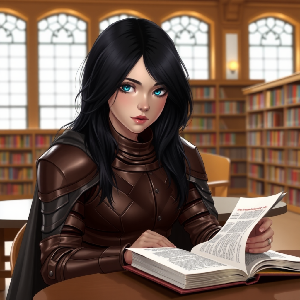 beautiful young woman, dark hair, past her shoulders, blue eyes, small, slim figure, wearing full leather armor suit, long cloak, reading a book at a table with sandwich in a large school library.