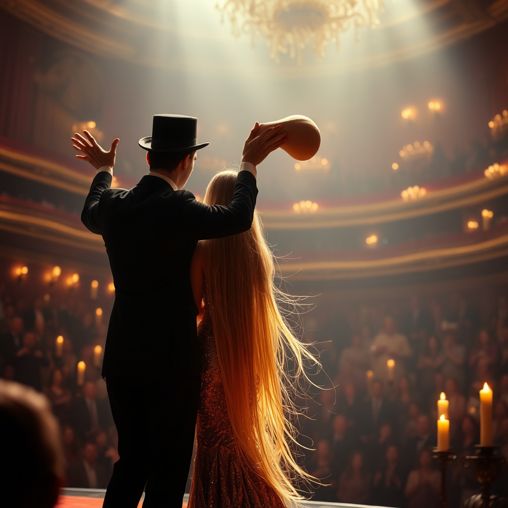 In a grand, opulent theater bathed in soft, ethereal lighting, a mesmerizing stage captures the audience's rapt attention. The atmosphere is thick with anticipation, as a beautifully adorned female magic assistant stands poised in the spotlight. Her incredibly long, flowing hair cascades down her back like a shimmering waterfall, catching the light and reflecting shades of gold and copper. Dressed in a fitted, sequined gown that sparkles with every movement, she exudes both elegance and an air of mystique.

As the magician, clad in a classic black tuxedo with a crisp white shirt and a top hat tilted at a jaunty angle, prepares to perform his illusion, the audience collectively holds their breath. The air is electric with suspense, the faint rustle of fabric and the soft gasps of onlookers creating an intimate symphony of curiosity. The magician raises his hands dramatically, and the atmosphere grows tense, heavy with a sense of the extraordinary.

With a swift, theatrical motion, he completes the trick, and to the astonishment of the crowd, the assistant appears to be beheaded—a breathtaking illusion that mixes artistry with horror. As he triumphantly grasps her long, flowing hair, the severed head is held high for all to see, the delicate features still exuding a serene grace. The audience erupts into a cacophony of shocked gasps and thrilled applause, their faces illuminated by the flickering candlelight that dances around the room, blending fear and fascination in a palpable emotional cocktail.