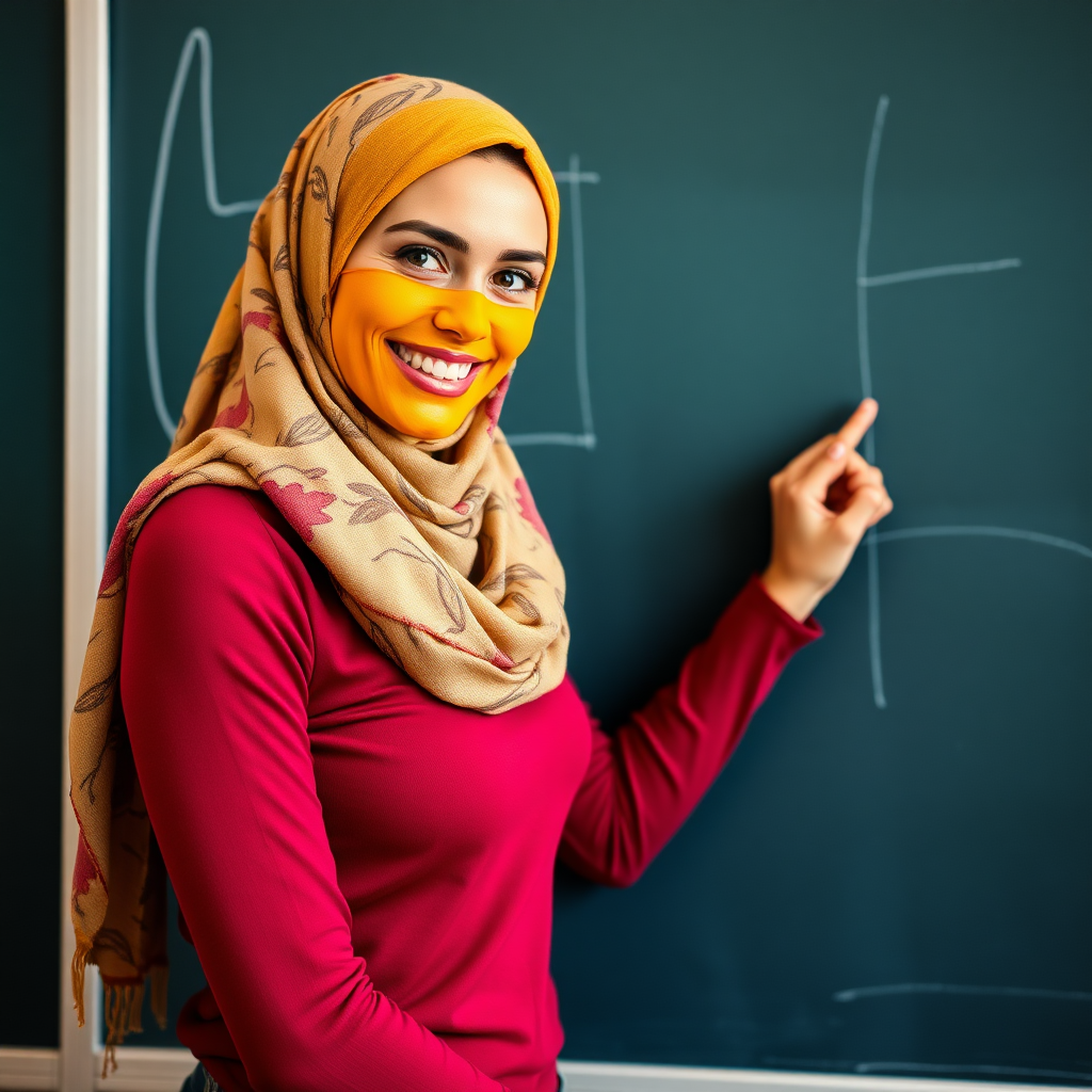 slim, 30 year old, sexy, french female school teacher, scarf head, turmeric face mask. She is smiling and teaching on a blackboard