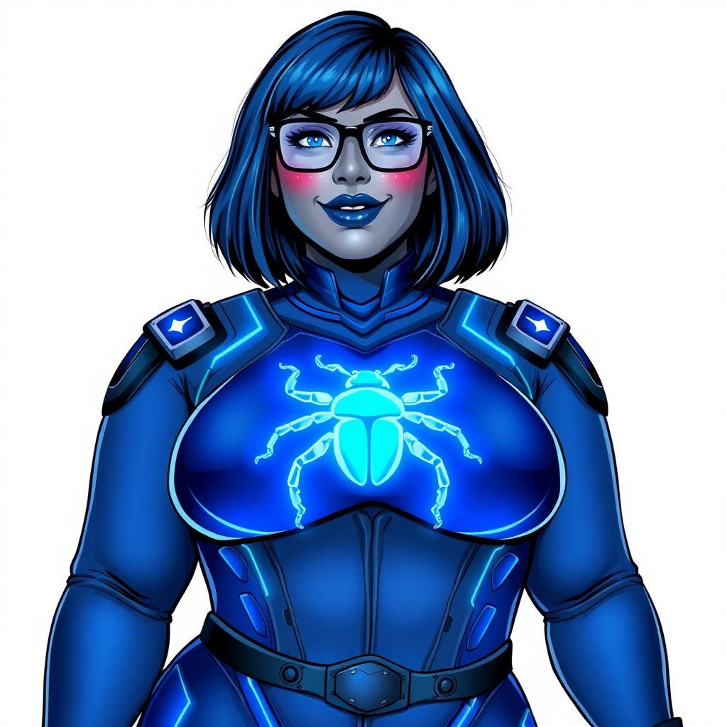 A 28-year-old, full-figured, middle gray metal skinned computer program-human hybrid with a maximum blue bob cut. She is the digital sidekick, computer hacker, and nerdy girlfriend of her cyberpunk vigilante boyfriend. Her middle gray metallic skin, distinct from any other character, highlights her digital nature. She wears maximum blue lipstick and has bright blue eyes. Her outfit includes a maximum blue full bodysuit with neon blue glowing beetle-themed accents completed by a neon blue glowing chest icon of a beetle. Black eyeglasses accentuate her nerdiness, and she has a lovestruck smile with neon red blush. Her full figure, including a prominent, gargantuan, round midsection (with the full emphasis on her gargantuan belly), gigantic limbs, and broad shoulders, reflects the doting care of her vigilante boyfriend. The background is solid white. She is drawn as if she was in a retro 2D cyberpunk fighting game. Ensure her bodysuit covers all her bare skin (especially her round gargantuan belly). Her bodysuit is influenced by DC's superheroine Jennifer Knight Phantom Lady but remains distinct.