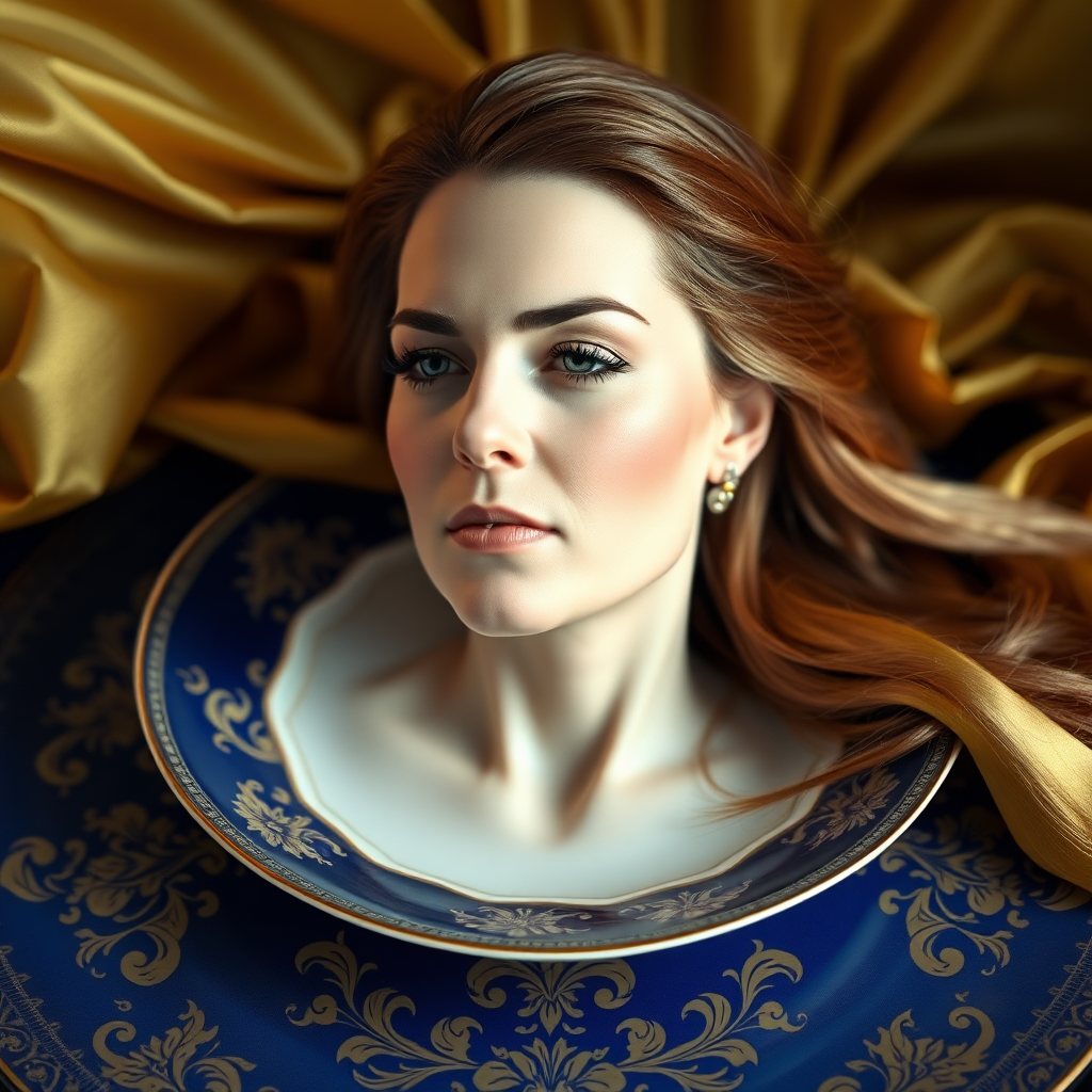 In a bizarre and captivating tableau, a surreal image unfolds: the elegantly poised, disembodied head of Kate Middleton, her features exquisitely refined, rests regally on an ornate porcelain plate. Her long, flowing hair cascades gracefully around the edges of the plate, reminiscent of golden silk streaming through the air. The striking contrast of her porcelain skin against the deep, rich hues of the plate—a royal blue adorned with intricate gold patterns—creates an unsettling yet alluring visual.