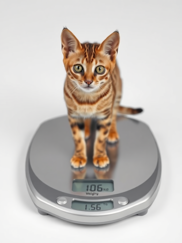 Create a hyper-realistic image of a Rusty-Spotted Cat standing on a weighing scale. The scale should clearly display the weight as 1.5 kilograms. Ensure the cat’s distinctive rust-colored spots are visible and the scale is shown with accurate details, emphasizing the cat's small size and unique markings.