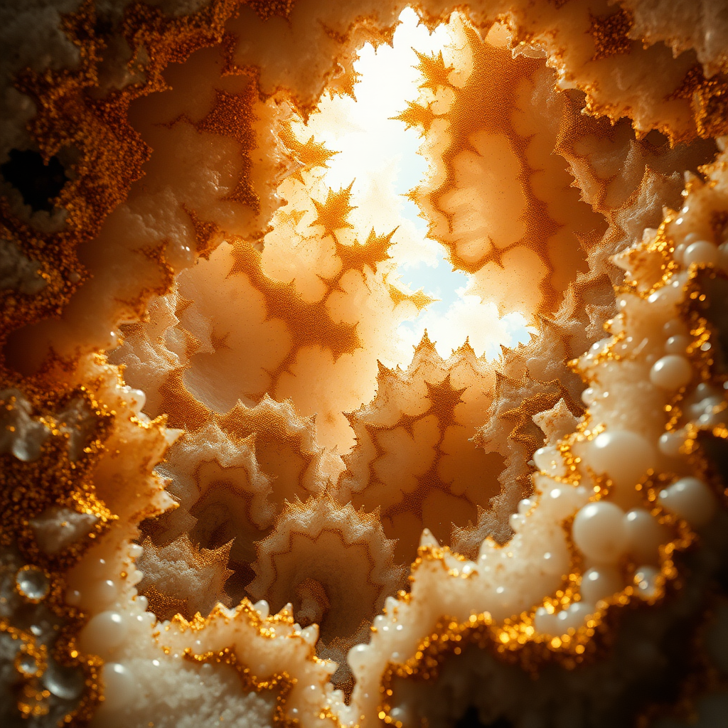 high quality photo, intricate environment, ultra-detailed, impressionistic, dynamic composition, artistic photograph, geode, alabaster, gold, fractal, brilliant colors, glittering, sunlight, illumination, transparency, mandelbulb