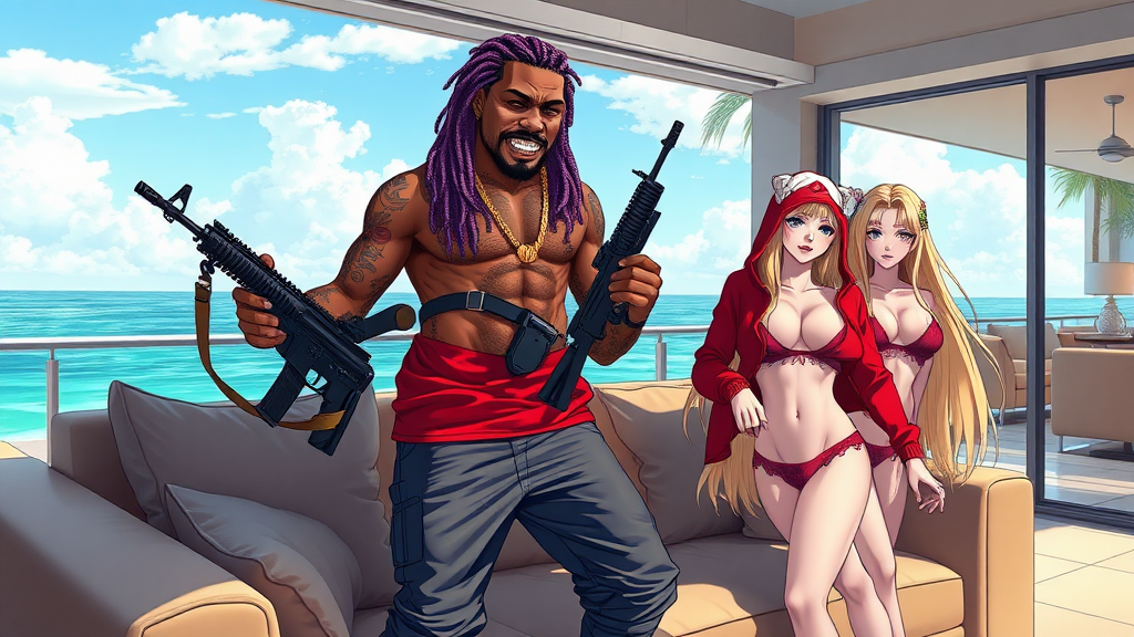 A high-quality anime art Scene, A White thug male with purple-dreadlocks standing on top of a sofa, golden grills, holding 2 ak-47s, in a modern-day mansion outside in miami beach, there are two white girls, long blond hair, with micro-bikinis and g-strings next to him wearing red-bape hoodies