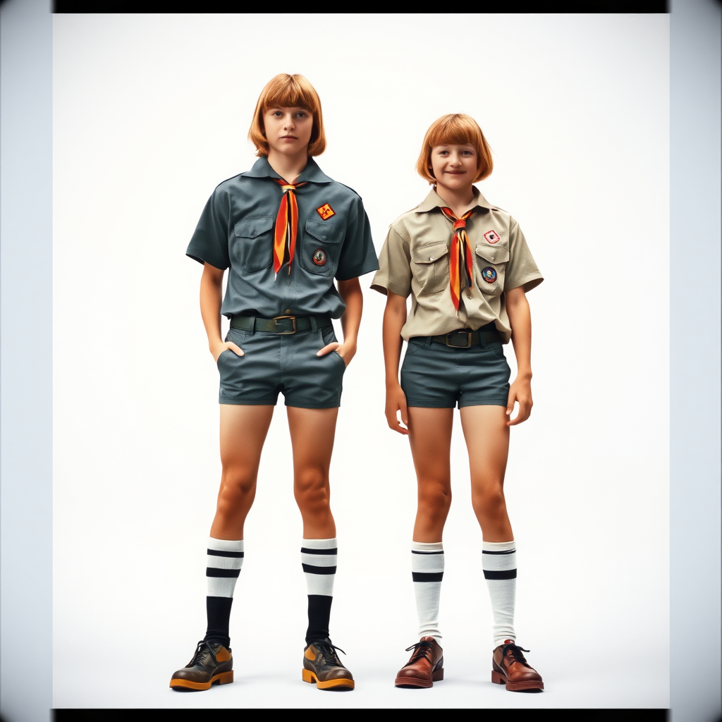 two tall 14yo teen boys, long hair bob cut, wearing American boy scout uniform with matching very tight booty shorts, tube socks, shoes, long legs, narrow thighs, full-length view. 1980s. 
photorealistic, ultra high resolution, 16K, 
Negative: grainy, blurry, bad anatomy, extra limbs, watermark.