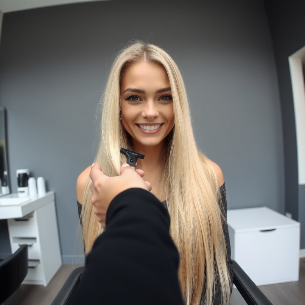 POV, beautiful very long haired blonde woman sitting in a hair salon smiling at the camera while I reach out from behind the camera to trim her very long hair. Plain gray background.