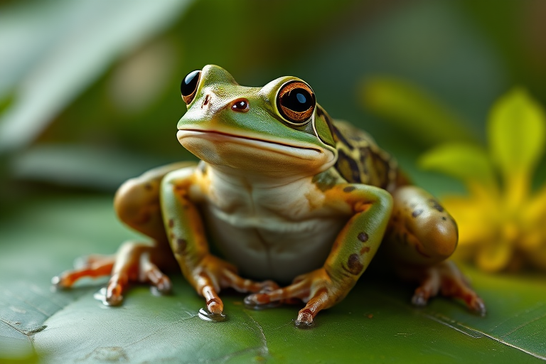 Create a full-length photorealistic image of a frog modeled after the framework and silhouette of a horsefly, ensuring the frog's head remains intact complete with distinct facial features. Retain the frog's smooth skin texture alongside soft, fur-like details representing the horsefly's characteristics. For the background, blend elements from both the frog's natural habitat and the horsefly's environment, incorporating lush greenery and vibrant colors to evoke the essence of each creature. The scene should harmonize these diverse attributes, showcasing a unique fusion of the two animals.