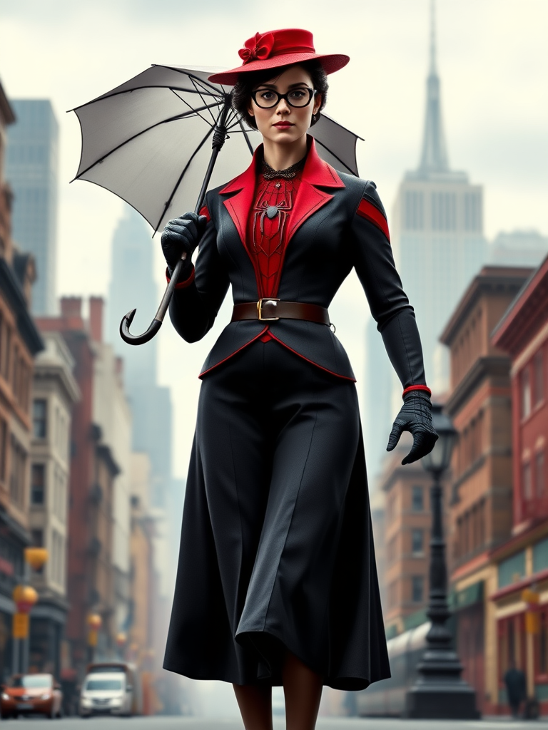 Create a full-length image of Mary Poppins with the masculine physique of Spider-Man, featuring defined muscles and an athletic build, but retaining Mary Poppins' original head. Her traditional clothing is modified to fit the muscular proportions, with a tailored, structured overcoat and elongated, fitted skirt to accentuate the build. She retains her iconic umbrella and hat. The background blends the whimsical charm of Edwardian London with the dynamic energy of a Spider-Man setting, like skyscrapers and bustling streets, reflecting both characters' worlds in one cohesive scene.