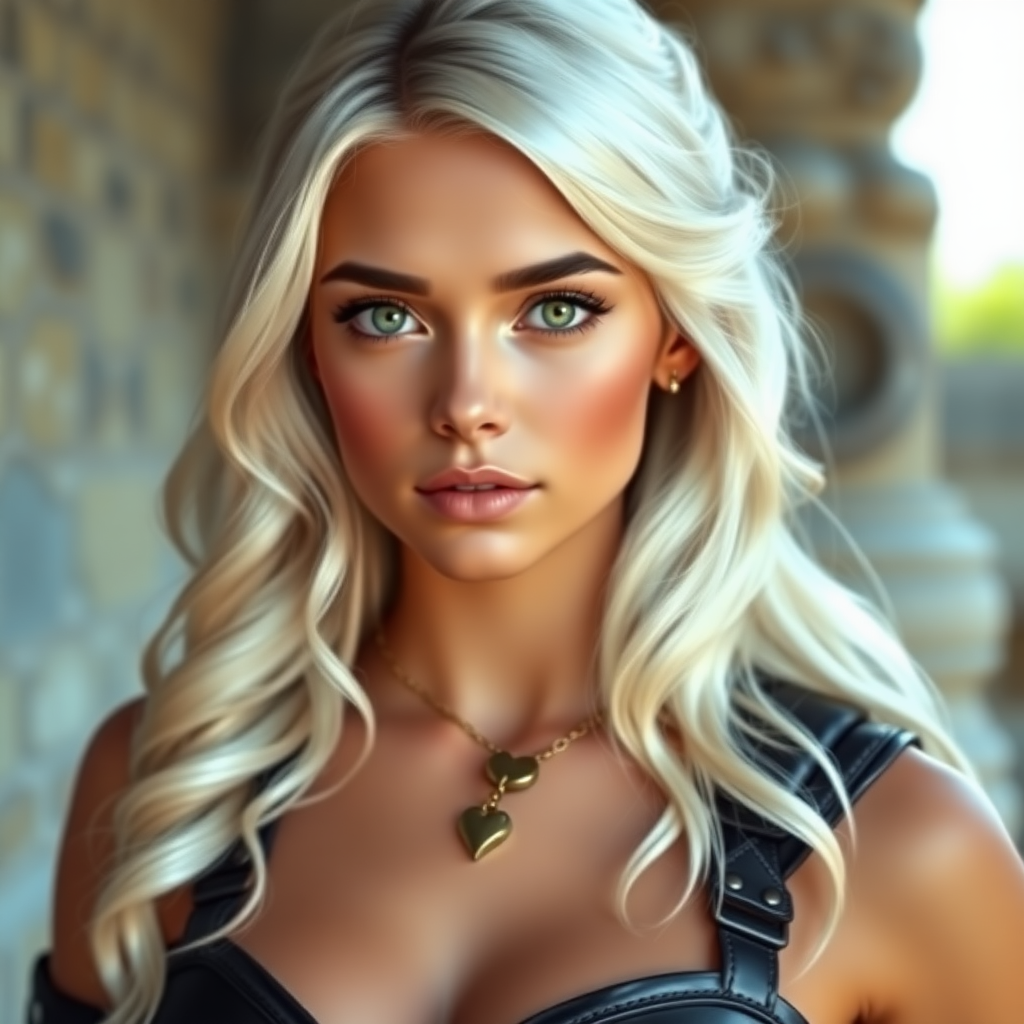 Portrait of a beautiful young woman with long wavy platinum blonde hair, green eyes, a suntan, light brown eyebrows, and large breasts. She is wearing black leather armor and a gold necklace with a small heart pendant.