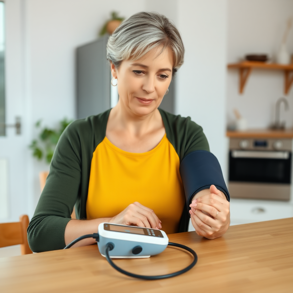 A middle aged Caucasian woman sitting at her kitchen table checking her blood pressure with a cuff BP machine. Her home is clean and uncluttered and minimalist.