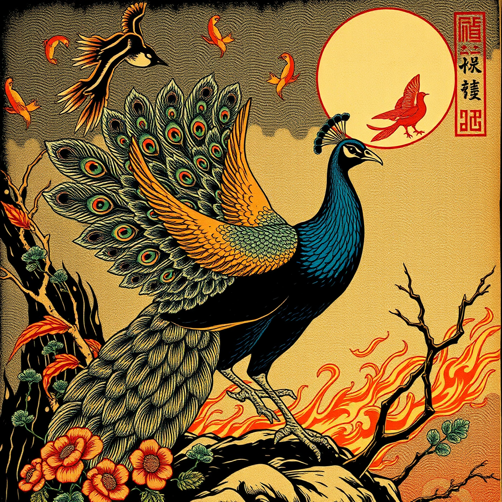 A peacock fighting nazis, Chinese woodcut