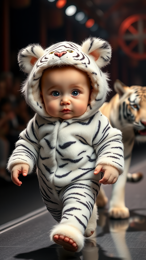 A cute small chubby fair baby with big eyes, pink lips, and pink cheeks, wearing a furry cozy white tiger costume, doing a ramp walk in a fashion show while walking with a real white tiger in a cinematic style.