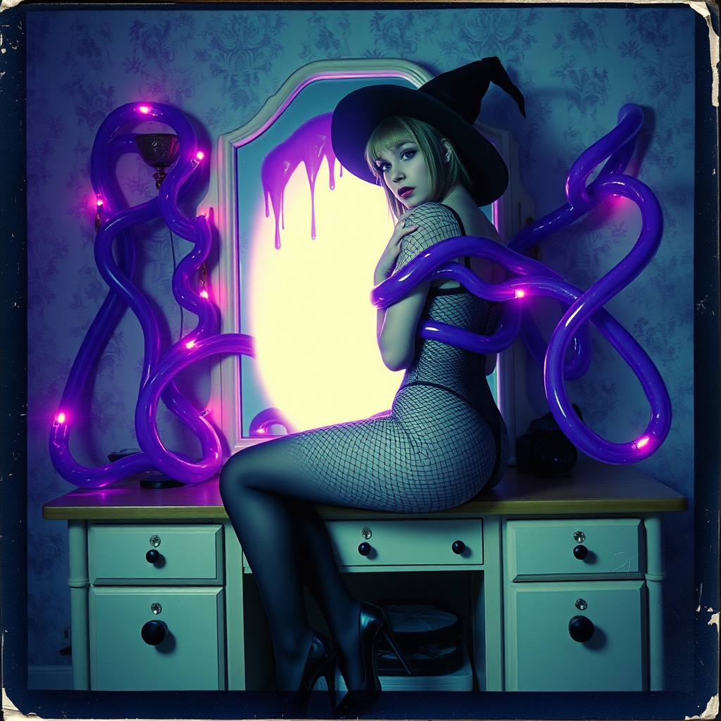 Scan of an nsfw old polaroid photograph with visible wear and heavy vignetting and blue color tint and light leaks, depicting a sexy pale curvy alt goth girl with green hair wearing skimpy fishnet black bodysuit and gstring revealing her nipples and wearing black stockings and high heels, sitting on a builtin vanity with mirror in old house with wallpaper on walls with her knees spread apart.  Camera flash used.  Dark lighting.  Moody and hazy.  Grunge look.  Erotic.  Nude. Pink Christmas Lights on wall.  She is wearing a witch hat and is being restrained by giant glowing translucent slimy jello like purple vines dripping goo coming from inside glowing purple portal in the mirror, wrapping tightly around her arms and legs and torso.  The vines are pulling her back towards the mirror.  