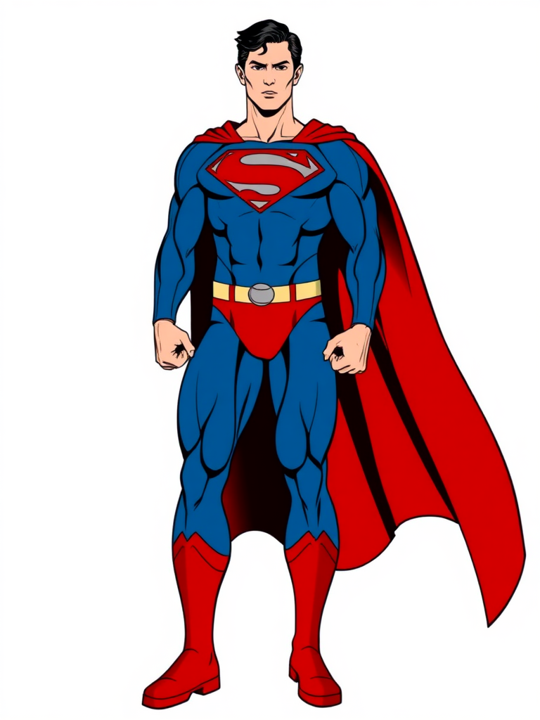 Generate a full-length image of Superman with the body type of Juliet Starling, keeping his head intact. Modify the silhouette to reflect the change. Pose him dynamically. Make the background an appropriate setting for both characters.