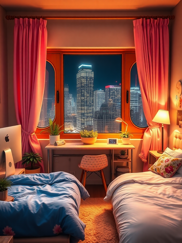 Cozy little house: pink curtains, soft bedding, white computer, wooden window frame, city night view, warm lighting, blue bedspread, metal computer stand, beige walls, green plants, comfortable pillows, tall building lights, minimalist desk, round windows, cartoon stickers, warm blankets, glass tabletop, modern skyscrapers, fresh floral scent, vintage table lamp, soft carpet, colorful cushions, golden sunlight, pure white sheets, real, reality, real, reality.