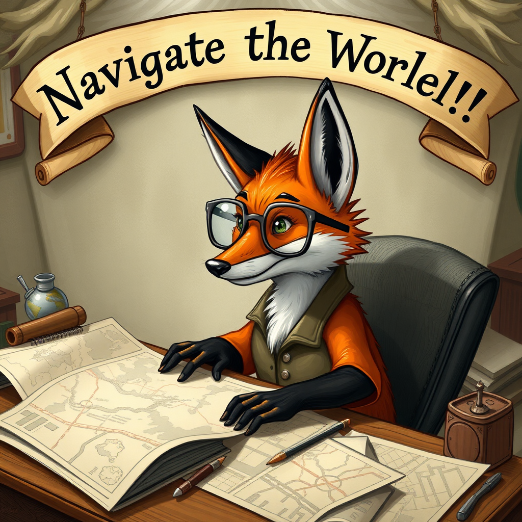 An imaginative scene depicting a clever fox wearing glasses, sitting at a desk filled with maps and charts, plotting a strategic path, with a banner overhead reading, "Navigate the World Wisely!"