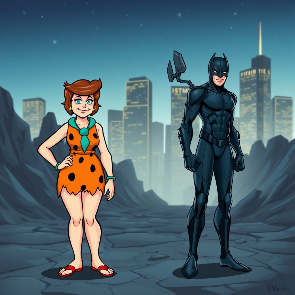 Generate a full-length image of Wilma Flintstone, maintaining her original head while altering her body to match the athletic physique of Nightwing. Ensure her outfit aligns with her classic style but incorporates elements that reflect her new body type. The background should be a suitable setting that merges the prehistoric world of the Flintstones with the modern, urban aesthetic associated with Nightwing, such as a rocky landscape reflecting Bedrock alongside a nighttime city skyline. Ensure colors are vibrant and details of both characters are clearly represented.