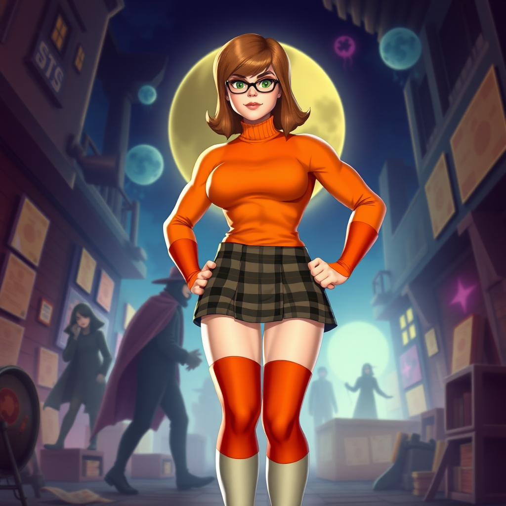 Create a full-length rendered image of a hybrid character inspired by Velma Dinkley, featuring a muscular male superhero body type while keeping the original head and hair intact. Alter the costume to fit the new proportions, incorporating elements like a tight-fitting orange turtleneck, a short plaid skirt adapted for a muscular build, and knee-high socks. The background should reflect the adventurous worlds associated with the character, showcasing a vibrant mystery-setting filled with clues, shadowy figures, or spooky elements, emphasizing an engaging and dynamic atmosphere. Aim for a dynamic pose that showcases strength and intelligence, reflecting the character's essence in this unique depiction.