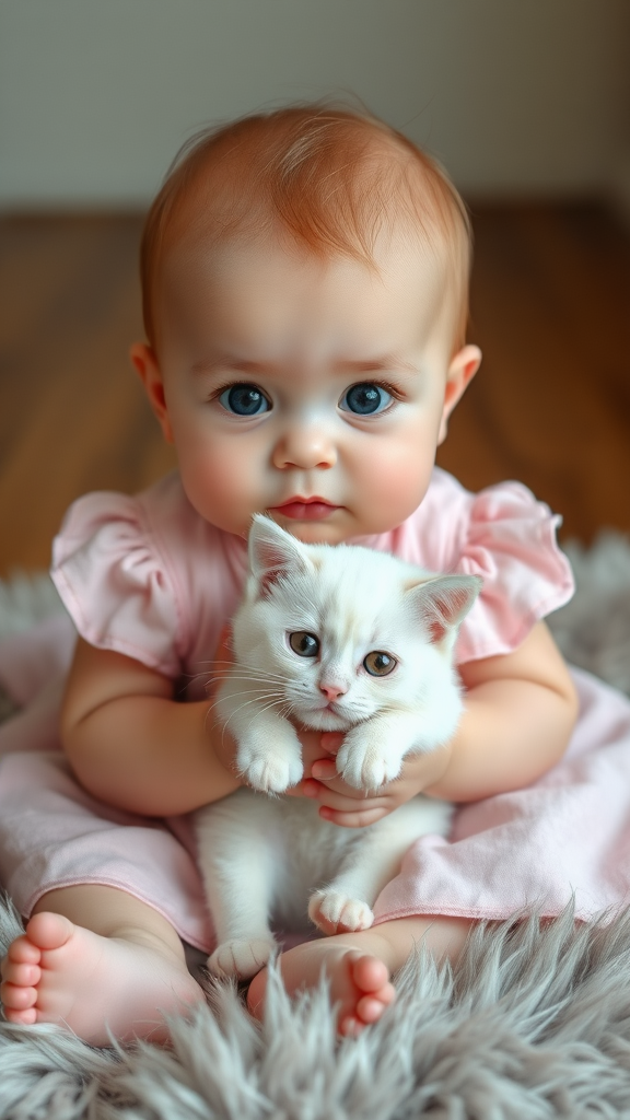 A cute small chubby fair baby big eyes pink lips pink cheeks wearing a light pink frock sitting on a furry rug holding a white cute cat.