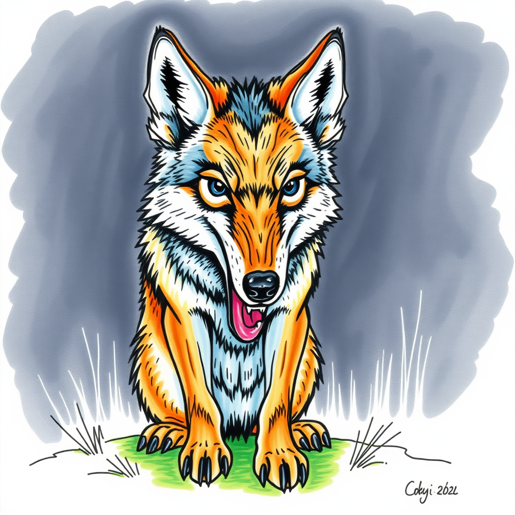 A coloured hand drawing of a wolf with an erection